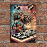 Affiche métal DJ Afro-Japonaise en kimono pour déco murale vintage