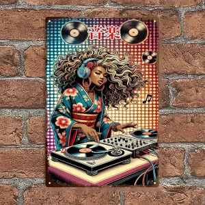 Affiche métal DJ Afro-Japonaise en kimono pour déco murale vintage