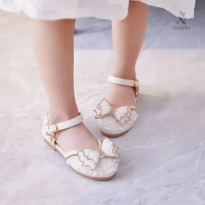 Ballerines fille blanches avec perles et grand nœud – Chaussures élégantes pour mariage, fête et cérémonie