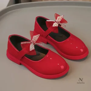 Ballerines rouges vernies pour fille avec nœud strass