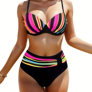 Bas de bikini taille haute gainant – Rayures multicolores et ceinture effet ventre plat pour silhouette affinée