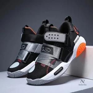 Baskets garçon – Chaussures de sport noires et grises avec scratchs réglables et semelle antidérapante