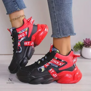 Baskets montantes femme noires et rouges – Chaussures de sport tendance confortables pour streetwear et fitness