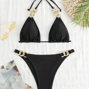 Bikini Noir Femme avec Chaînes Dorées – Ensemble de Plage Chic et Glamour