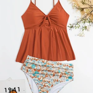 Bikini tankini à volants – Haut à bretelles corail et culotte taille haute à fleurs