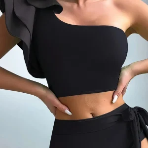 Bikini vert/noir asymétrique avec volant – Haut une épaule élégant et culotte taille haute nouée