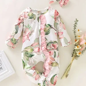 Body Bébé Fille à Fleurs Jaune avec Bandeau – Pyjama Combiné Confortable et Élégant