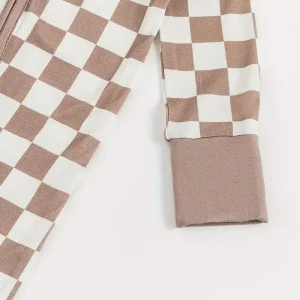Body Bébé Manche Longue en Coton – Grenouillère à Carreaux Beige et Blanc avec Fermeture Éclair