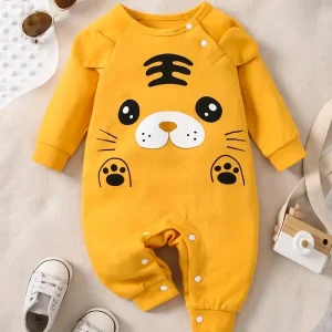 Body Bébé Manche Longue en Coton – Grenouillère Moutarde Motif Ours Mignon