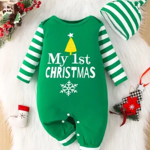 Body Bébé Noël My 1st Christmas – Grenouillère Rouge avec Bonnet Rayé, Tenue de Fête Hiver