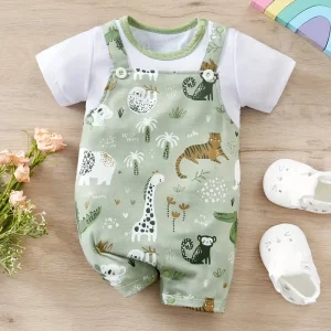 Body Bébé Salopette Dinosaure avec T-Shirt Blanc – Ensemble Été Confortable et Original
