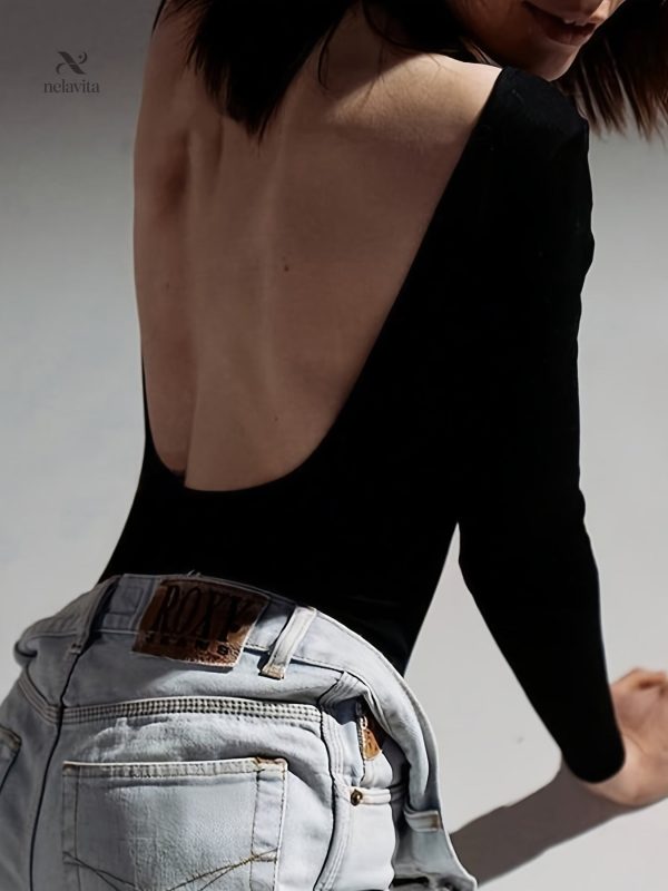 Body sexy pour femme, style dos nu et manches longues