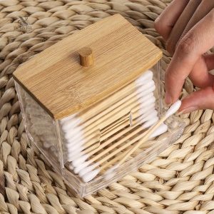 Boîte de rangement pour cotons avec couvercle en bois