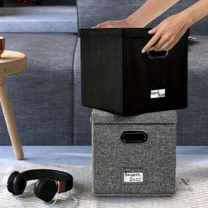 Boîte de Rangement Tissu pour CD et Vinyles – Coffre Pliable avec Poignées & Étiquette