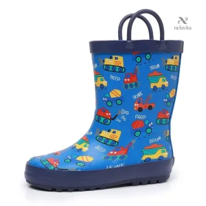 Bottes de pluie garçon noires à motifs dinosaures et espace – Bottes imperméables colorées avec poignées