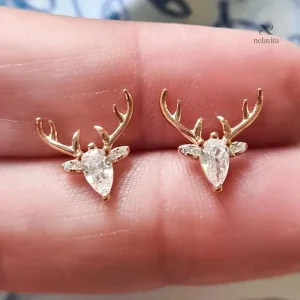 Boucles d’Oreilles Enfant Cerf Doré avec Strass – Bijou Fantaisie Original et Élégant