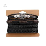Bracelet homme cuir noir tressé multi-rangs avec perles