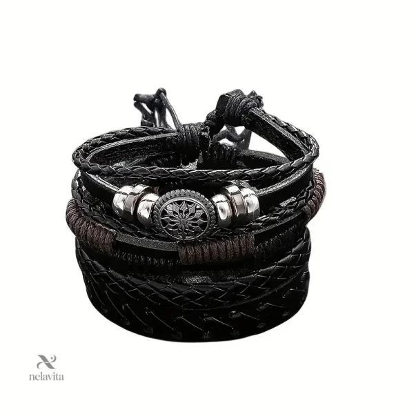 Bijou tendance en cuir noir avec motif métal et perles