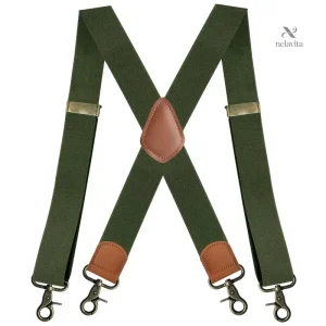 Bretelles homme style rétro – Bretelles réglables en tissu élastique avec finitions cuir marron et crochets métal