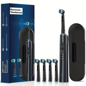Brosse à Dents Électrique Rechargeable – Nettoyage Profond avec 4 Têtes Remplaçables et Étui de Voyage