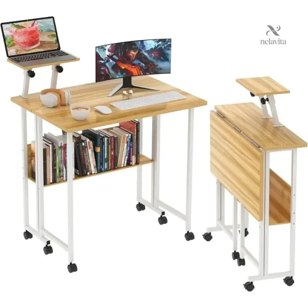 bureau-informatique-compact-avec-roulettes-table-d-ordina-9uwpjv-1 Bureau informatique compact avec roulettes et étagère de rangement