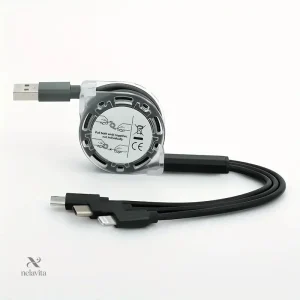 Câble 3-en-1 Rétractable Rose – USB vers Lightning, Type-C et Micro USB – Charge Rapide et Compact pour Tous Appareils
