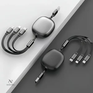 Câble de Charge 4-en-1 Universel Rétractable – USB vers Type-C, Micro USB et Lightning – Design Compact et Élégant