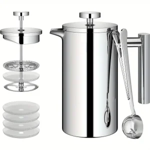 Cafetière à Piston Inox 1L – French Press Isotherme avec Filtres de Rechange et Cuillère Doseuse