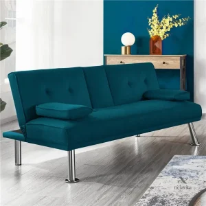 Canapé Convertible 3 Places en Tissu Bleu Pétrole – Design Moderne avec Accoudoirs et Pieds Chromés