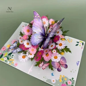Carte pop-up 3D de vœux avec papillon et fleurs colorées