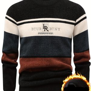 Chandail tricoté rayé doublé en polaire pour hommes - Pull chaud à col rond