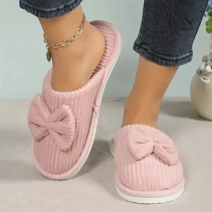 Chaussons Femme Hiver en Velours Côtelé avec Nœud – Pantoufles Douces et Chaudes Antidérapantes