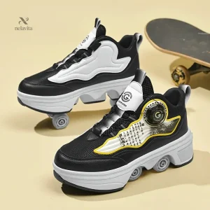 Chaussures de sport fille – Baskets à roulettes noires et blanches tendance avec semelle épaisse