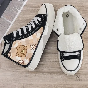 Chaussures de sport fille – Baskets montantes blanches avec motif ourson kawaii confortables et tendance