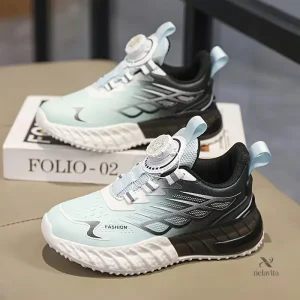 Chaussures de sport fille – Baskets running noires et bleu clair respirantes avec semelle amortissante
