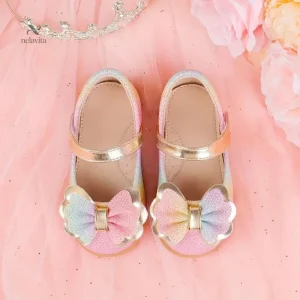 Chaussures fille élégantes sans lacets – Mocassins dorés avec nœud papillon pour cérémonie et fête
