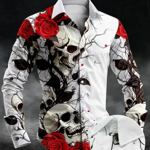 Chemise fantaisie homme – Motif crâne et roses rouges, Style gothique tendance et original
