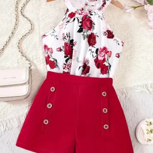 Chemise fille été sans manches motif papillons avec short violet chic et léger