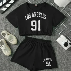 Chemise fille jaune style crop top avec imprimé Los Angeles – tenue sport et tendance