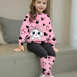 Chemise fille rose imprimé chat et cœurs – tenue mignonne et confortable