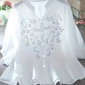 Chemisier Blanc Femme en Coton avec Broderie Florale – Haut Chic Élégant Printemps Été