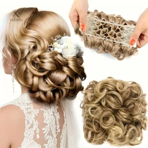 Chignon Postiche Bouclé avec Peigne – Extension Cheveux Facile à Fixer pour Mariage ou Soirée Élégante