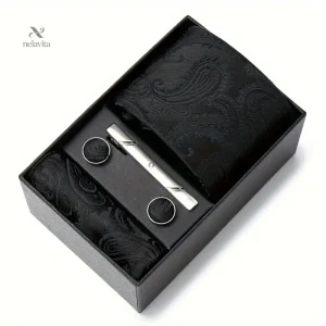 Coffret cravate homme bleu à motifs paisley – Pochette, boutons de manchette et pince assortis
