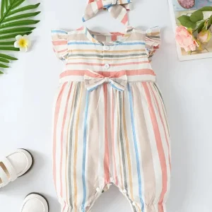Combinaison bébé fille à rayures – Cadeau naissance avec nœud et bandeau assorti