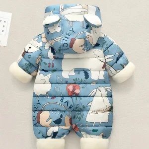 Combinaison Body Bébé Hiver Bleu Imprimé Animaux – Chaud, Doux et Confortable