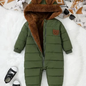 Combinaison Body Bébé Hiver Vert avec Capuche Ours – Chaud et Confortable
