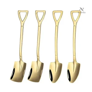 Cuillères Originales en Forme de Pelle Dorée – Lot de 4 Cuillères de Service Créatives pour Café, Desserts et Glaces