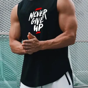 Débardeur de sport homme – Musculation & Fitness – Noir avec inscription motivante “Never Give Up