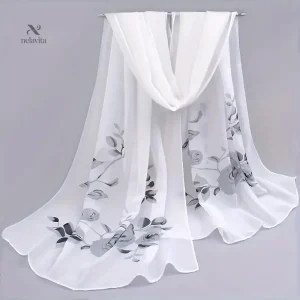 Écharpe femme blanche à fleurs grises – Châle léger en mousseline élégant et raffiné
