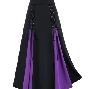 Jupe Gothique Grande Taille - Taille Haute, Bicolore avec Lacets Croisés & Ourlet Volanté